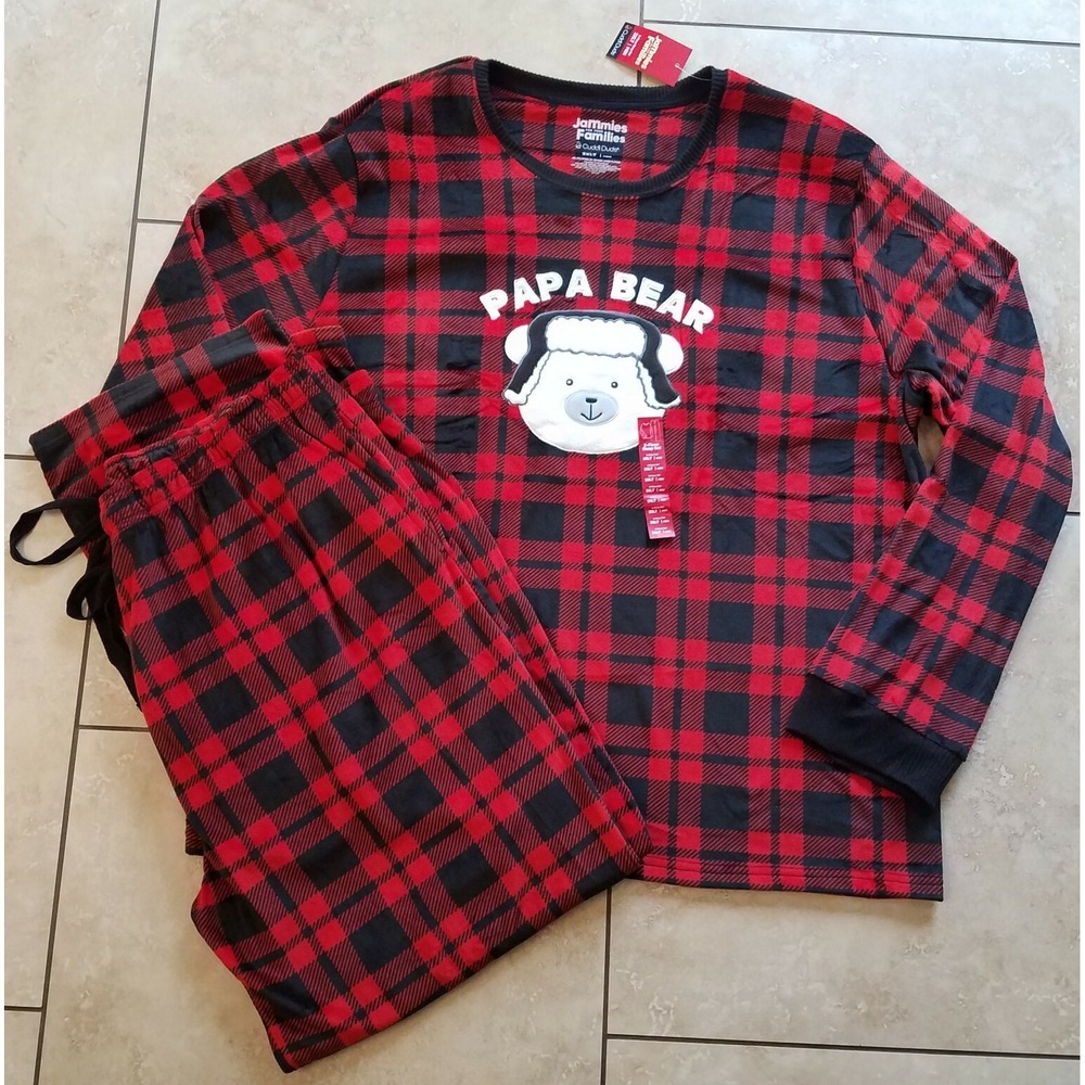 Cuddl Duds Big & Tall Men Soft Pajama Set Papa Bear 2pc Red Black Plaid 3XLT NEW